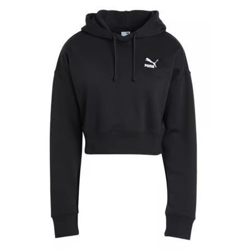 Puma Black Cropped Logo Hoodie French Terry Long Sleeve Sweatshirt Large NWT